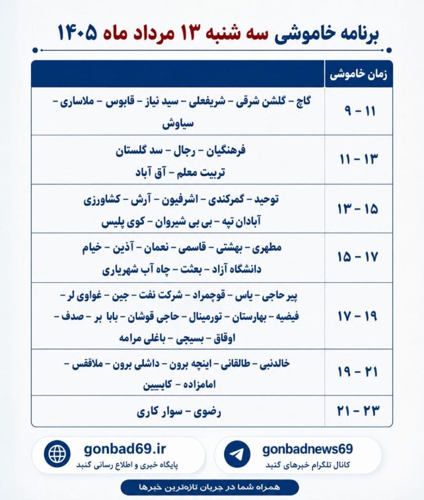 برنامه قطعی برق گنبدکاووس در سه‌شنبه ۱۳ مرداد ۱۴۰۵ اعلام شد