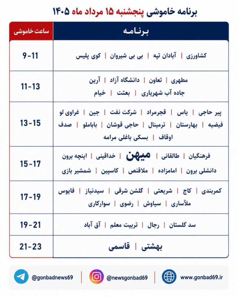 برنامه خاموشی برق گنبدکاووس در ۱۵ مرداد ۱۴۰۵ اعلام شد