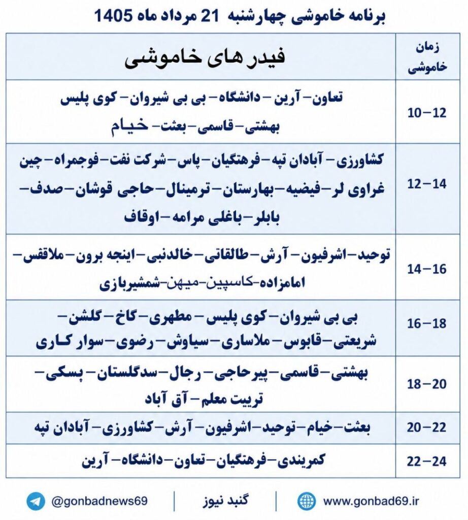 برنامه خاموشی برق گنبدکاووس در چهارشنبه ۲۱ مرداد ۱۴۰۵ اعلام شد