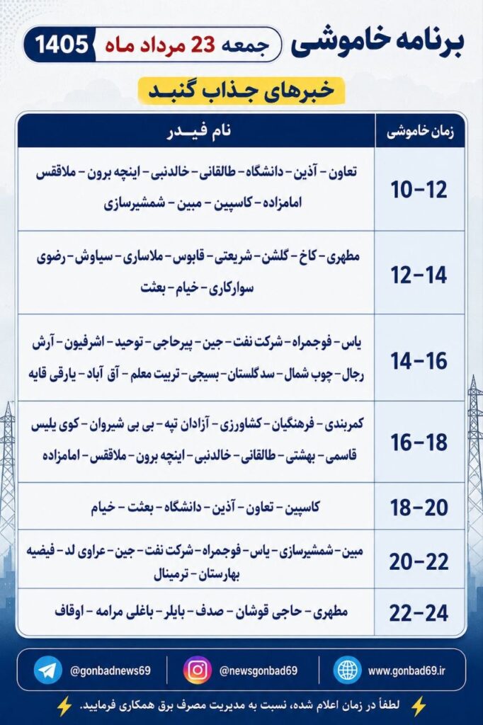برنامه خاموشی برق گنبد کاووس در جمعه ۲۳ مرداد ۱۴۰۵ اعلام شد
