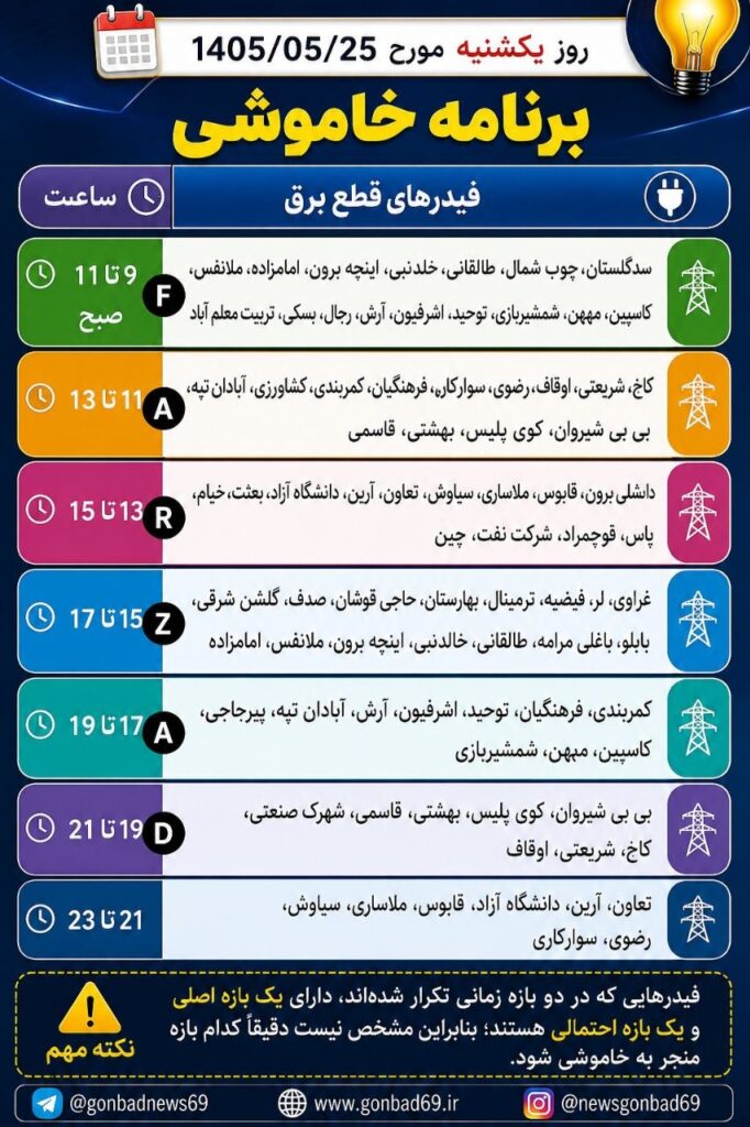برنامه خاموشی برق گنبدکاووس امروز یکشنبه ۲۵ مرداد ۱۴۰۵ اعلام شد