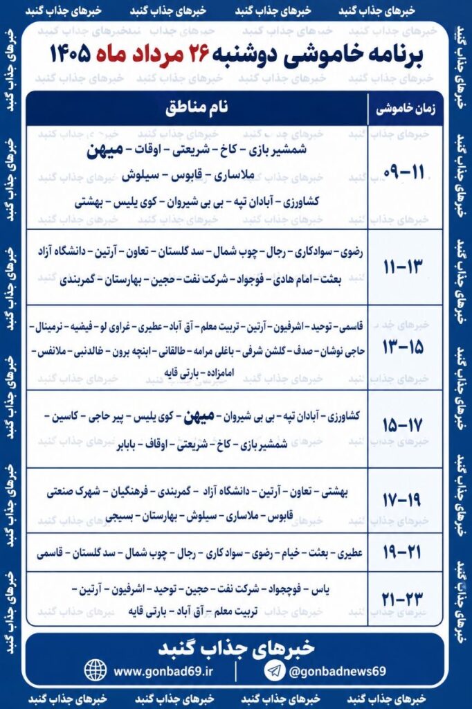 برنامه خاموشی برق گنبد کاووس در دوشنبه ۲۶ مرداد ۱۴۰۵ اعلام شد