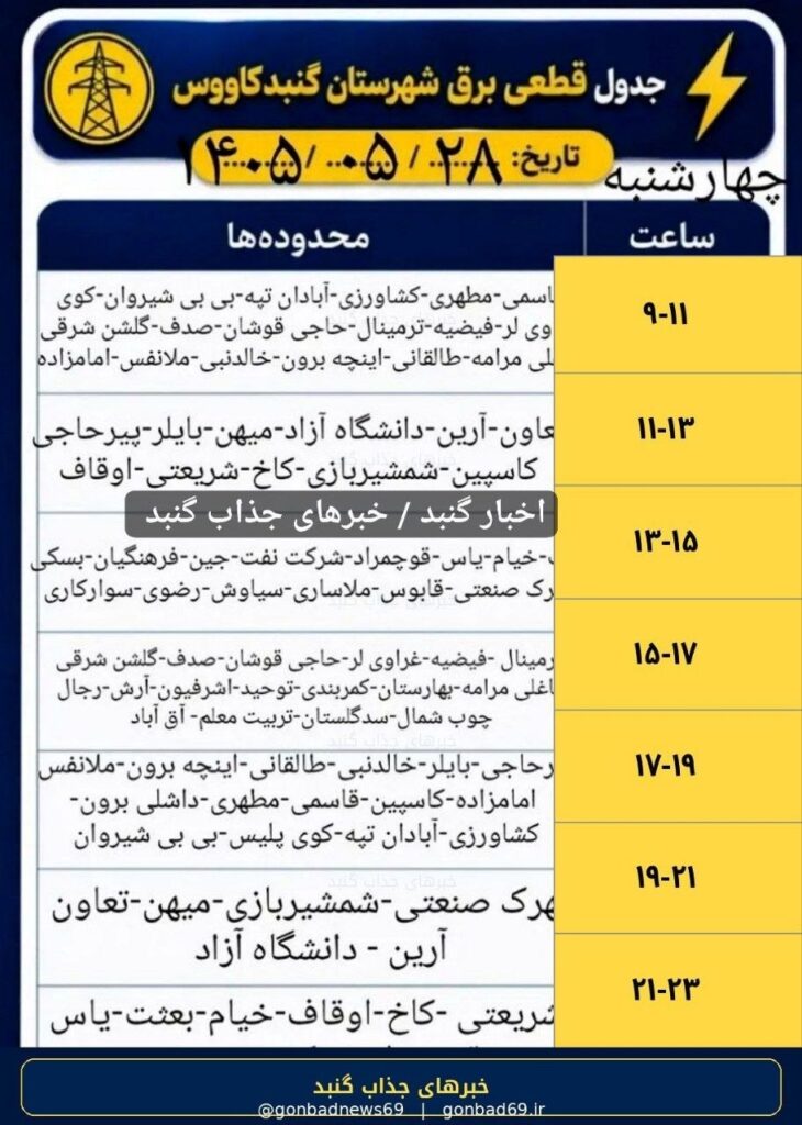 برنامه قطعی برق گنبدکاووس در چهارشنبه ۲۸ مرداد ۱۴۰۵ اعلام شد