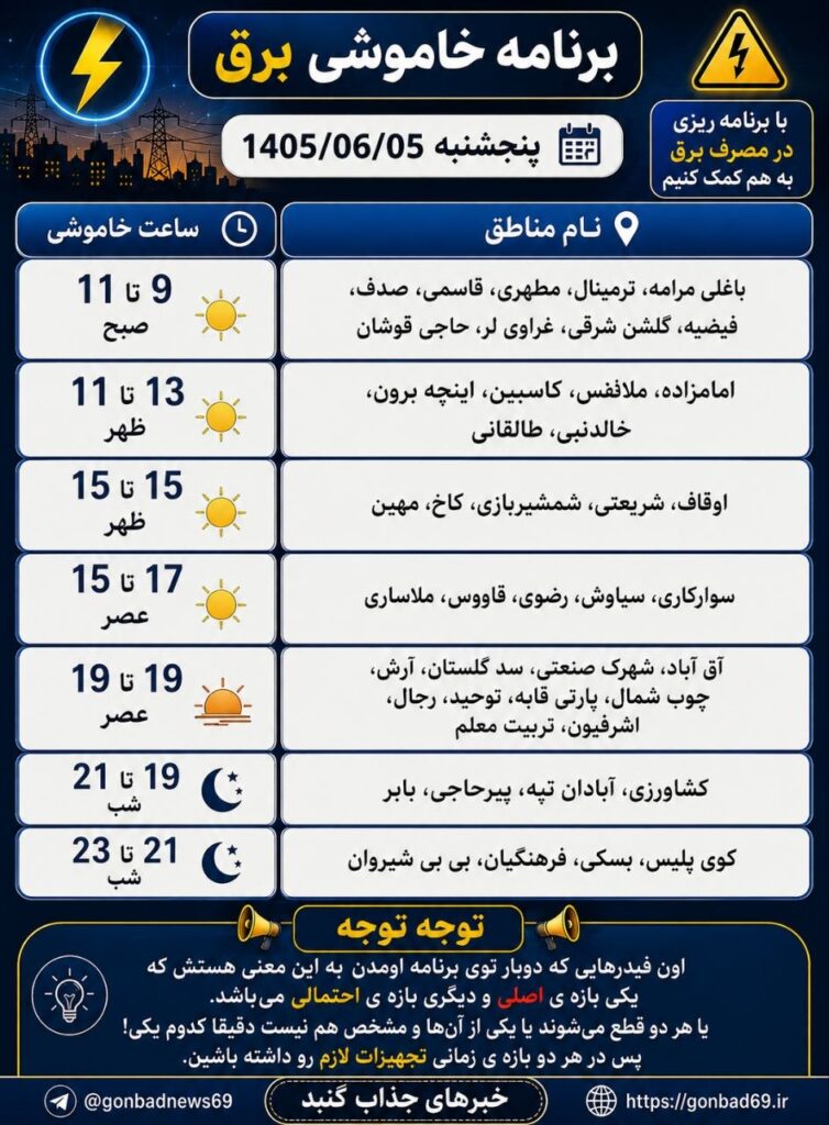برنامه خاموشی برق گنبدکاووس در پنجشنبه ۵ شهریور ۱۴۰۵ اعلام شد