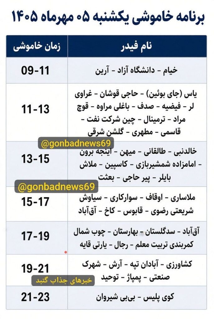 برنامه خاموشی یکشنبه ۵ مهرماه اعلام شد؛ اطلاعرسانی به دوستان را فراموش نکنید